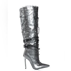 AZALEA WANG Silver Metallic Gemstone Embellished Stiletto High Heel Boots